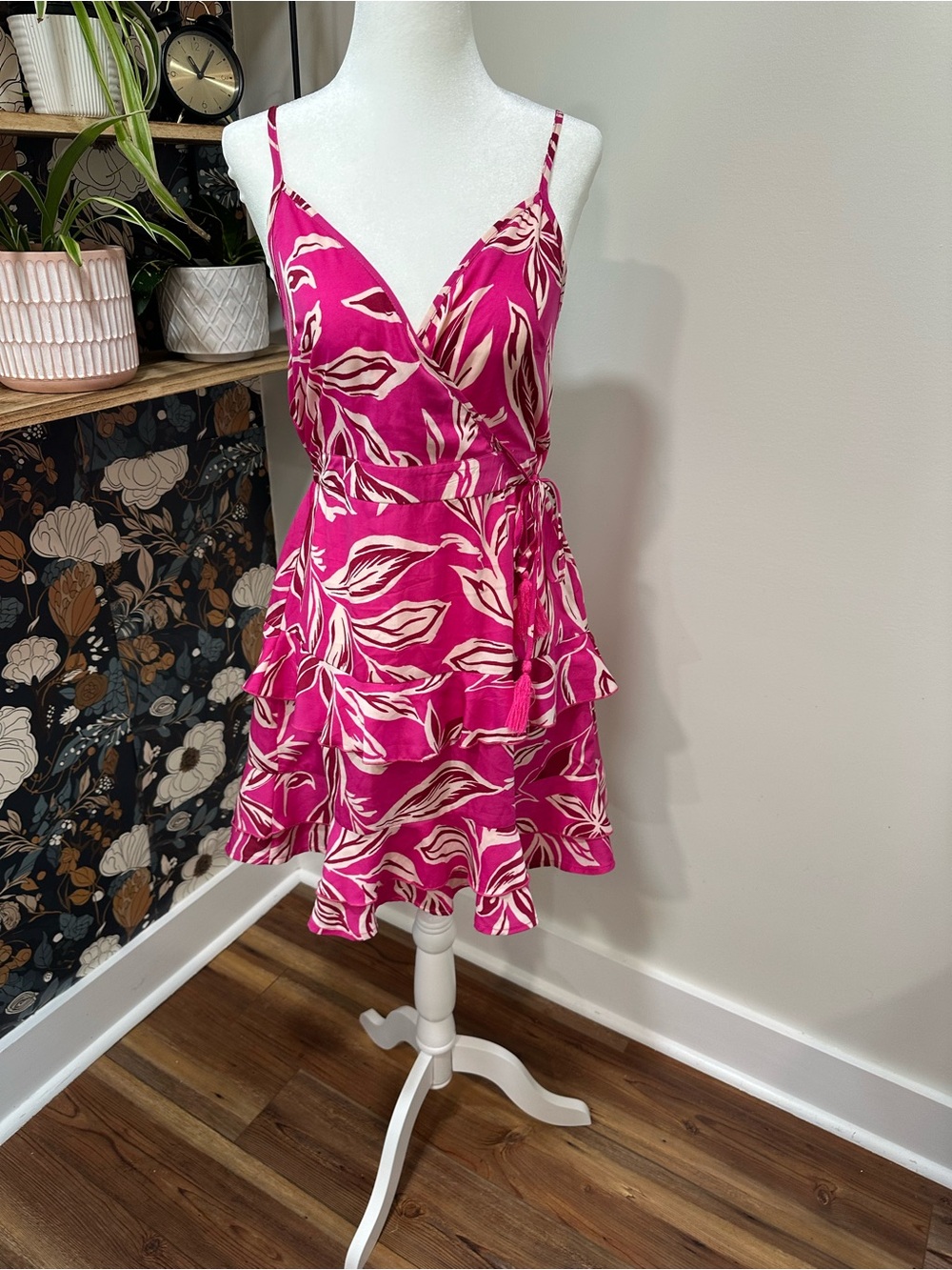 Fuchsia Leaf-Print Wrap Mini Dress